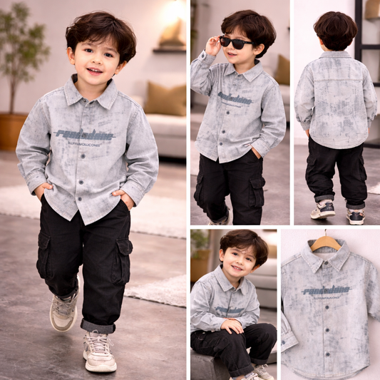 Kids Long Sleeve Button Down Shirt, Grey Marbled Pattern, Casual Cotton