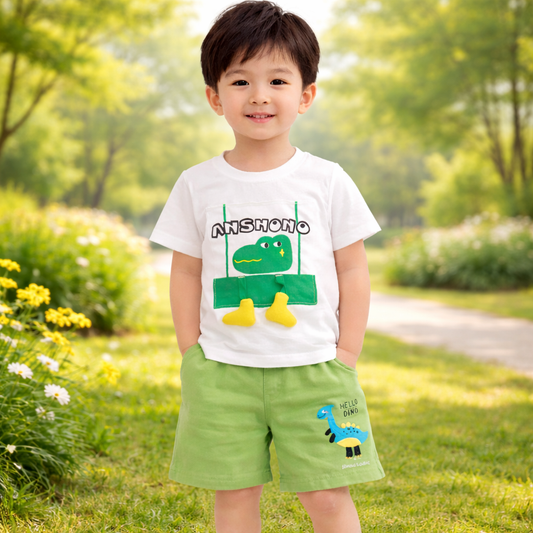 Kids Dinosaur Print T-Shirt and Shorts Set, Cotton Outfit