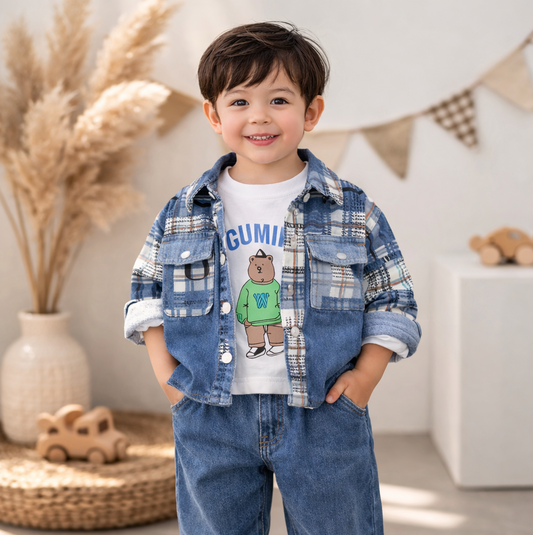 Baby Denim Outfit Set, Printed Jacket with T-shirt and Jeans, Blue and White, 3-Piece