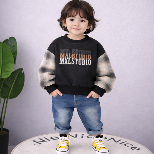 Heathered Sweatshirt, Plaid Sleeves, Crew Neck