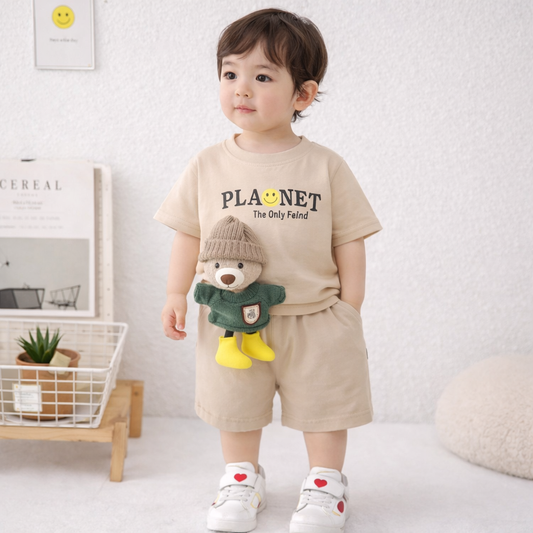 Baby 2-Piece Outfit Set, T-Shirt with Smiley Print and Brown Shorts, Casual Wear