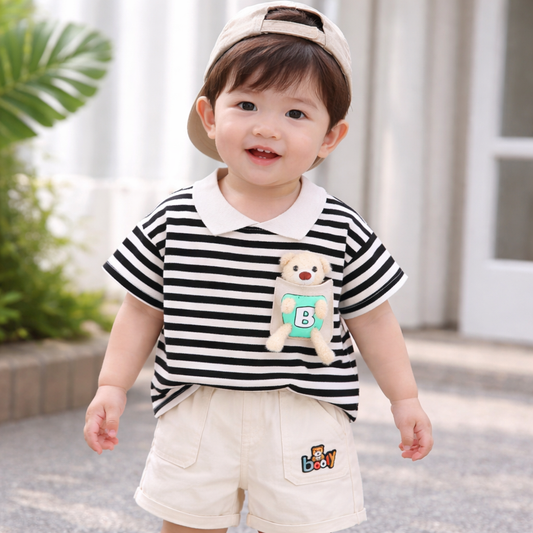 Baby Boy's Striped Polo T-Shirt and Shorts Set, Bear Applique Search this page