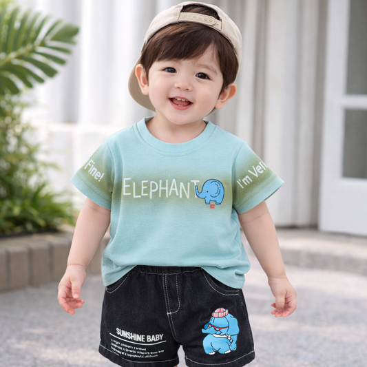 Baby Elephant Print T-Shirt and Shorts Set, Casual Wear