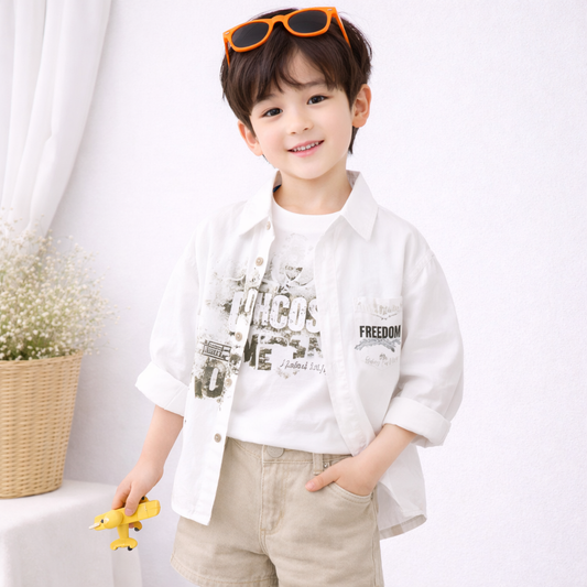 Kids White Cotton Long Sleeve Shirt with Graphic Print T- Shirt