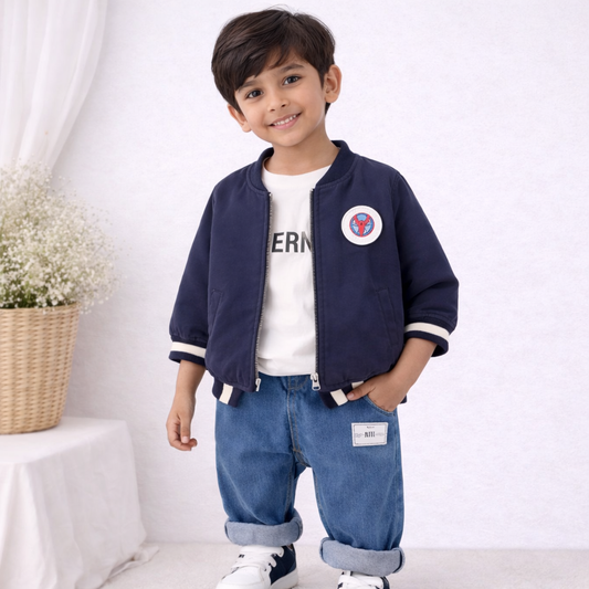 Baby Boy Eagerness Logo Reversible Jacket With T-shirt and Jeans Set, Casual Wear