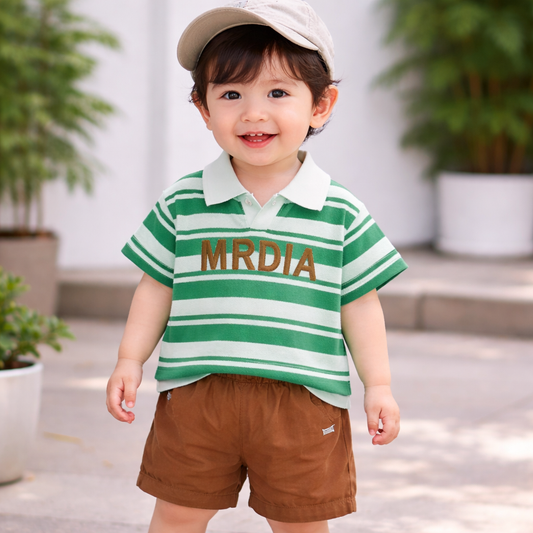 Baby Striped Polo T-shirt and Brown Shorts Set, 2-Piece Casual Cotton Outfit