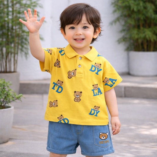 Baby Boys 2-Piece Outfit, Teddy Bear T-Shirt with Blue Denim Shorts Set