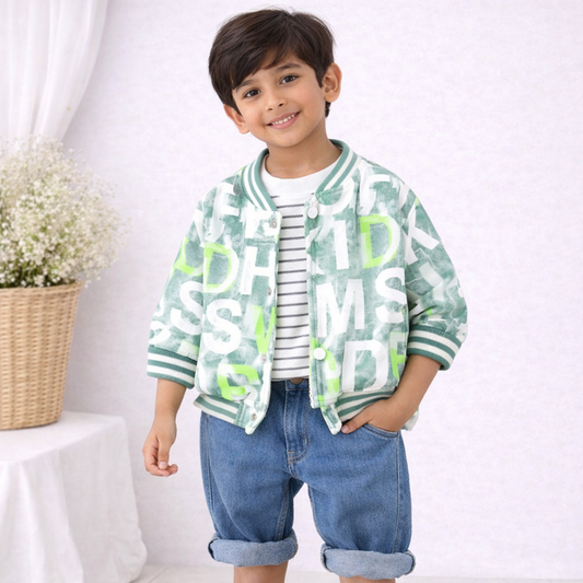 Baby Boy's 3-Piece Set, Letter Print Bomber Jacket, Striped T-shirt, Denim Jogger Pants, Green and Blue