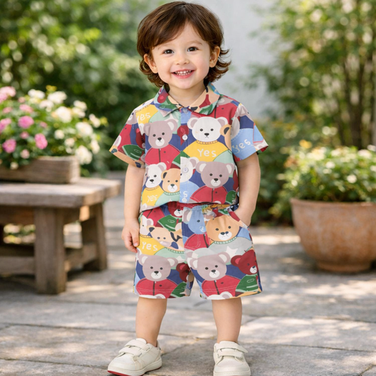 Kids Cartoon Bear Print Set, Short Sleeve Shirt and Shorts