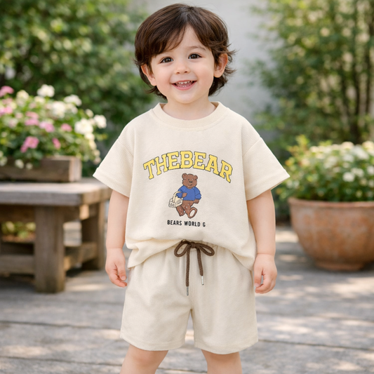 Kids Bear Print T-Shirt and Shorts Set, Casual Wear