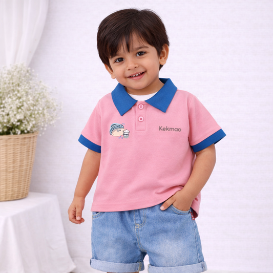 Kids Cotton Polo T-Shirt with Navy Collar, Casual Wear