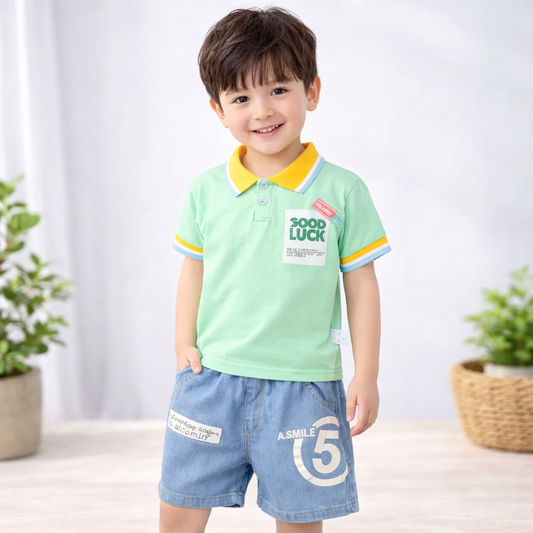 Kids Outfit Set, Polo T-Shirt with Blue Shorts, Casual Cotton Wear