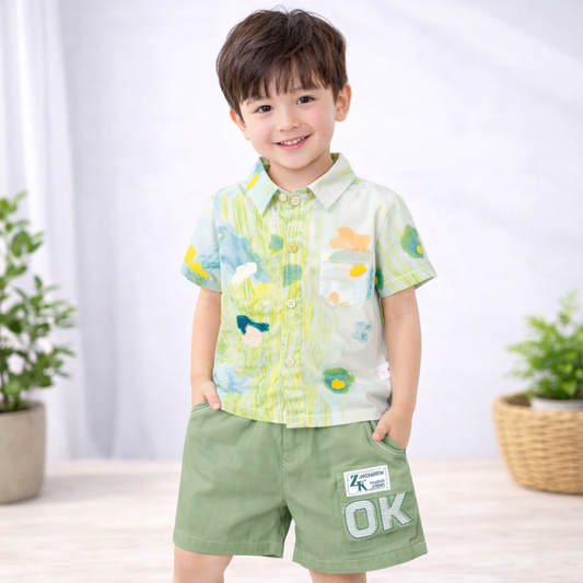 Toddler Boys Summer Outfit, Green Floral Print Shirt with Olive Shorts, 2-Piece Set