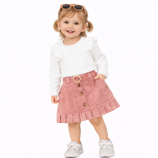 Girls' White Long Sleeve Top and Button-Front Ruffle Skirt Set, 2-Piece Outfit