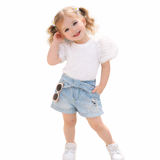 Girls' White Puff Sleeve Top and Light Blue Distressed Denim Shorts Set