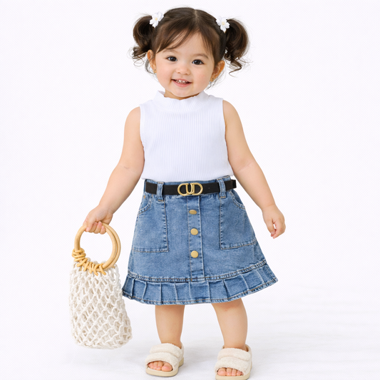Girls Sleeveless Crop Top and Denim Button-Front Pleated Skirt Set with Belt