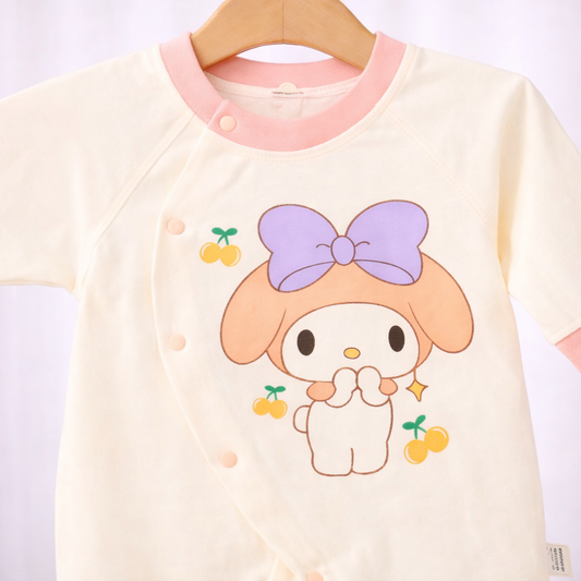 Baby Romper with Cartoon Print, Cream and Pink, Cotton Sleepwear with Animal Slippers