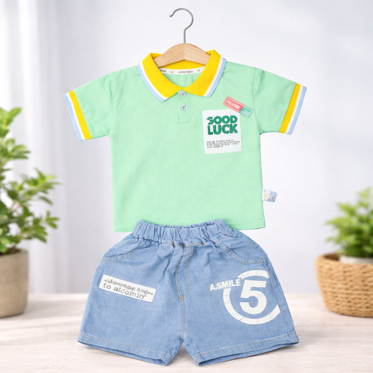 Kids Outfit Set, Polo T-Shirt with Blue Shorts, Casual Cotton Wear