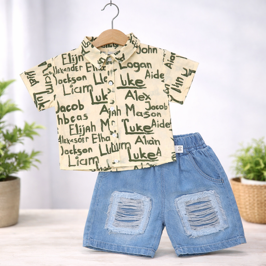 Toddler Boys Outfit Set, Short Sleeve Printed Shirt with Distressed Denim Shorts