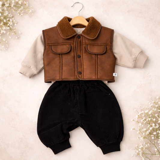 Boys Brown Solid Sleeveless Jacket With T-Shirt