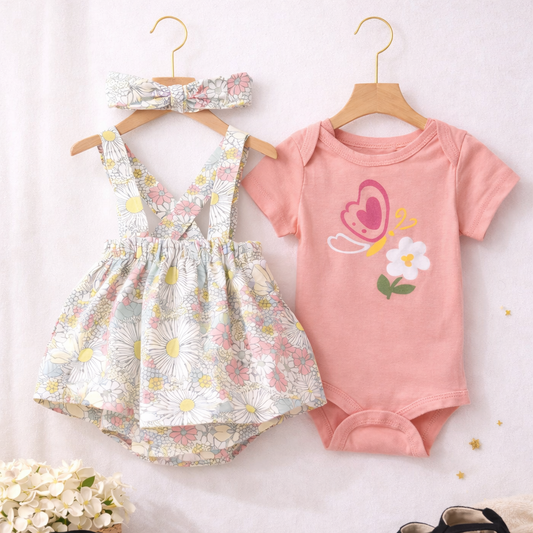 Cute Girls 4Pc Set (Headband, Socks, Onesie & Jumper Skirt)