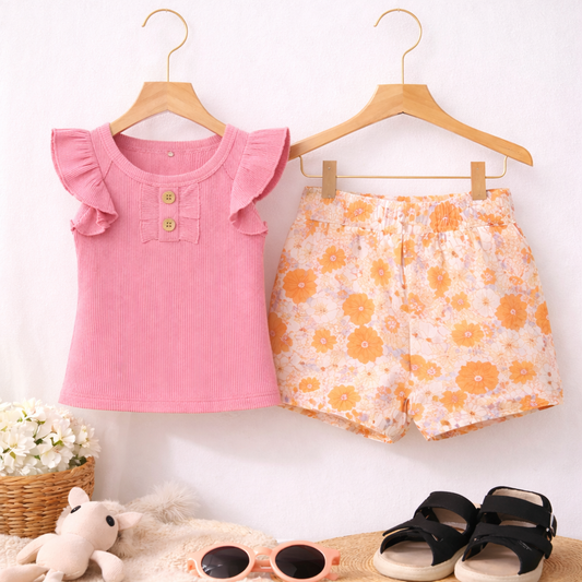 Baby Girl'S Cotton Ribbed Bodysuit With Floral Print, Headband