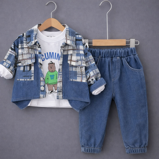 Baby Denim Outfit Set, Printed Jacket with T-shirt and Jeans, Blue and White, 3-Piece