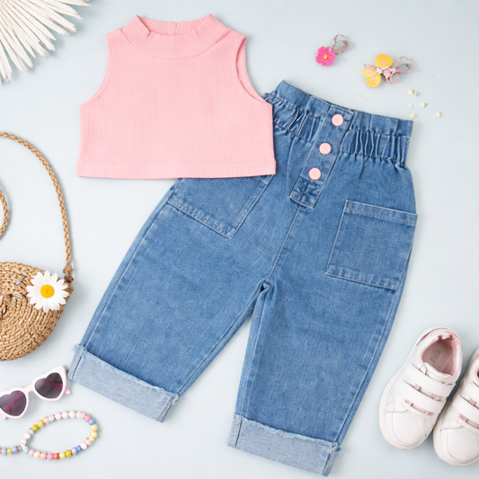 Girls' Sleeveless Pink Top and Denim Paperbag Waist Trousers Set, 2 Piece Casual Outfit