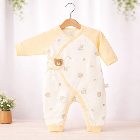 Organic Cotton Baby Romper, Beige with Bear Design, Footed Sleepsuit