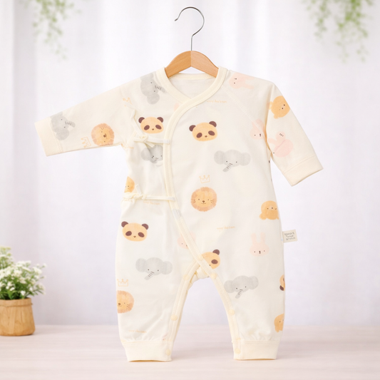 Baby Footed Sleepsuit, Cream with animal Print Pattern, Long Sleeve