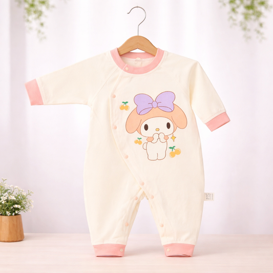 Baby Romper with Cartoon Print, Cream and Pink, Cotton Sleepwear with Animal Slippers