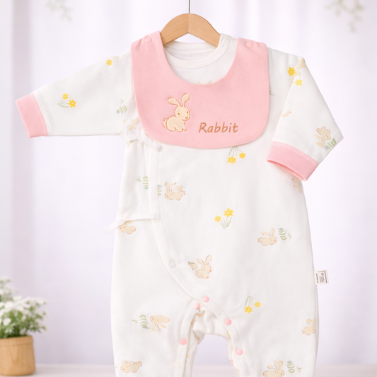 Baby Print Romper with Bib, Long Sleeve Cotton Sleepsuit, Pink and White, Animal Design