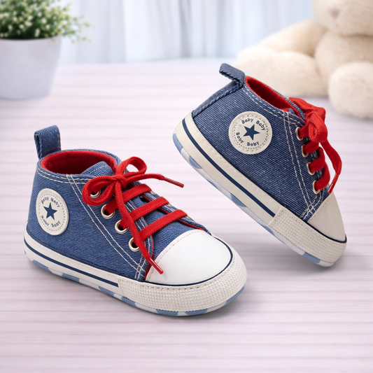 Baby Denim Canvas Sneakers with Red Laces, White Toe Cap, Infant Crib Shoes