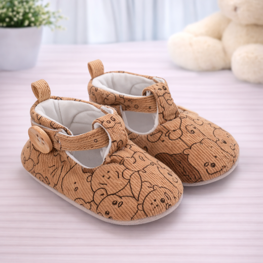 Baby Cartoon Print Pre-Walker Shoes,Cotton Canvas, Button Strap