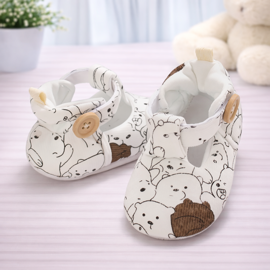 Baby Cartoon Print Pre-Walker Shoes,Cotton Canvas, Button Strap