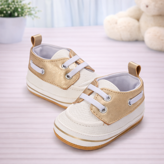 Baby Boat Shoes, Soft Sole Moccasins, Gold and White, Infant Crib Shoes