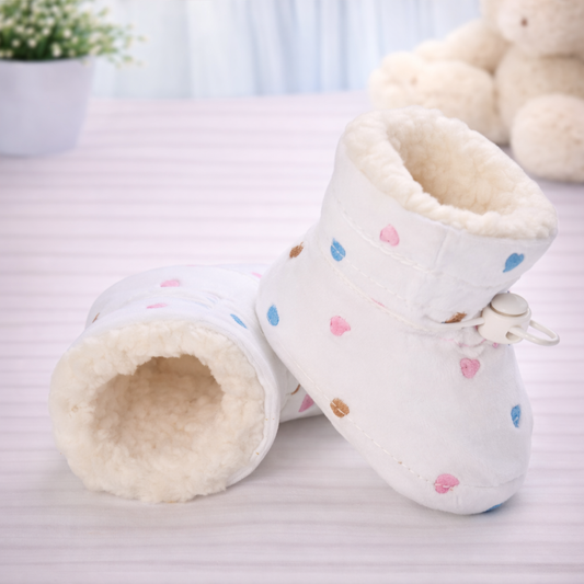Soft Plush Winter Booties for Infants, White with Pink and Blue Hearts, Fur-Lined