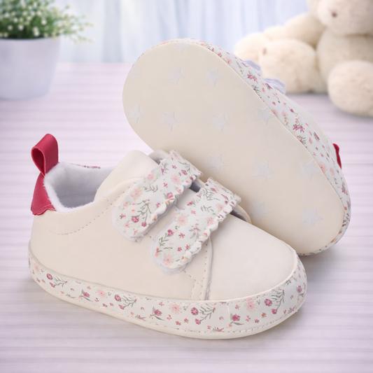 Baby Floral Print Sneakers, Hook and Loop Straps, Soft Sole, White and Pink