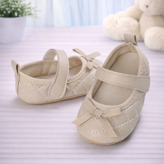 Baby Girls Mary Jane Shoes, Quilted Pattern, Non-Slip Sole, Beige