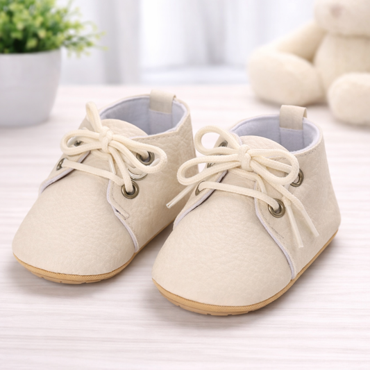Baby First Walking Shoes, Soft Sole Lace-up Booties, Beige Canvas