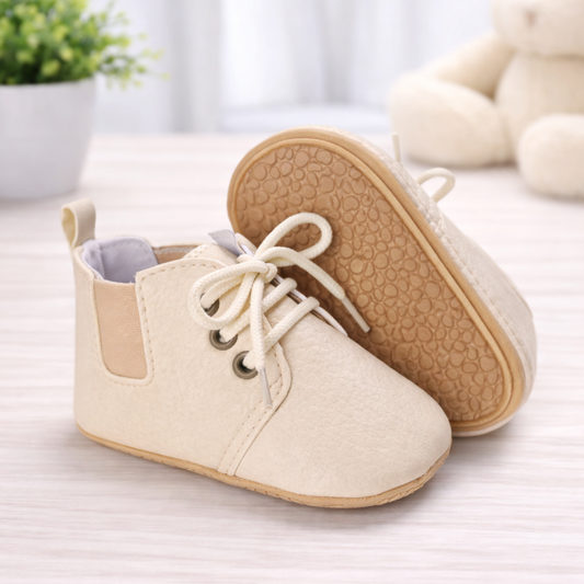 Baby First Walking Shoes, Soft Sole Lace-up Booties, Beige Canvas