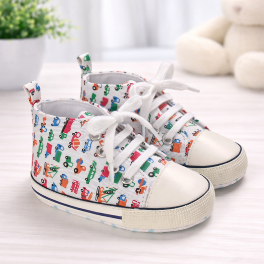 Baby High-Top Canvas Sneakers, White with Transport Print Pattern, Lace-up Design
