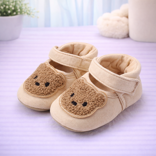 Baby Booties with Bear Design, Soft Cotton Canvas, Beige