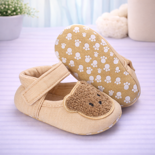 Baby Booties with Bear Design, Soft Cotton Canvas, Beige