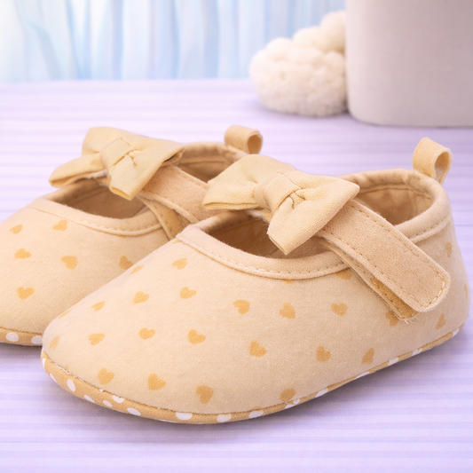 Baby Girl Mary Jane Shoes, Beige with Gold Hearts Pattern, Bow Design, Soft Sole