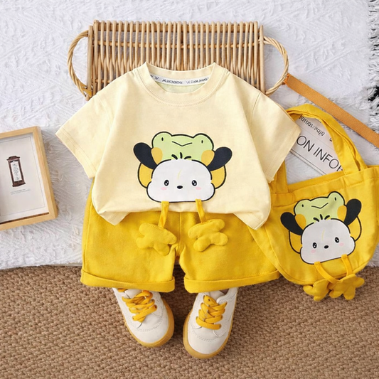 Kids Yellow Outfit Set, Cotton T-Shirt with Cartoon Print and Bow-Detail Shorts