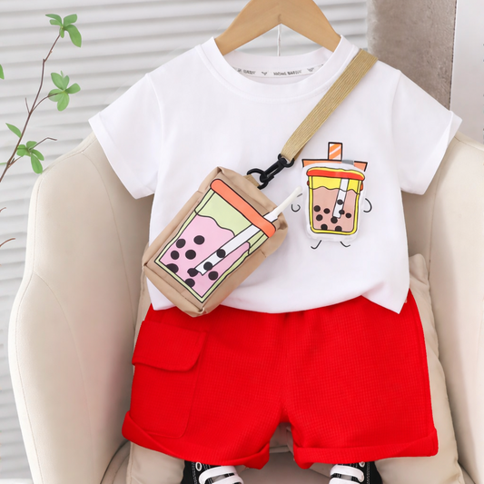 Kids Outfit Set, Beige T-Shirt with Bubble Tea Print
