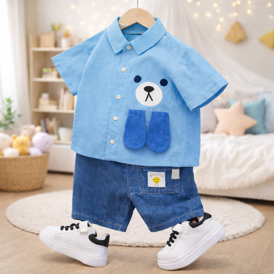 Baby Boys Cotton Bear Print Shirt and Shorts Set, Casual Wear