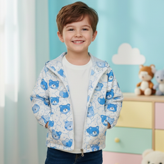 Full Sleeves Hooded Jacket Printed White & Blue