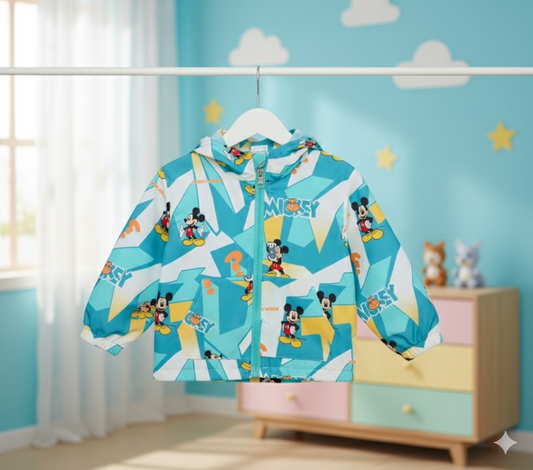 Full Sleeves Hooded Jacket Sky Blue Micky Mouse Print
